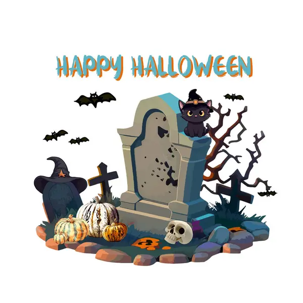 Joyeux Halloween Ensemble Halloween Illustré Éléments Vectoriels Citrouille Chat Sorcier — Image vectorielle