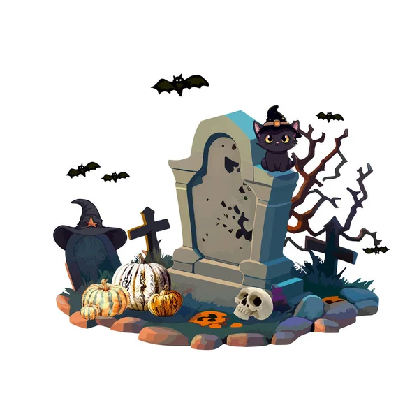 Frohes Halloween Halloween Set Illustrierte Vektorelemente Kürbis Hexenkatze Fledermaus Grab — Stockvektor