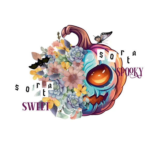 Zucca Halloween Decorata Con Fiori Pipistrelli Farfalle Citazione Sorta Sweet — Vettoriale Stock