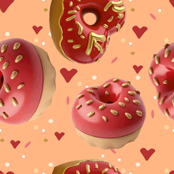Узор Ярких Объемных Пончиков Пончиков Печенья Виде Сердца Шаблон Ресторана — стоковый вектор