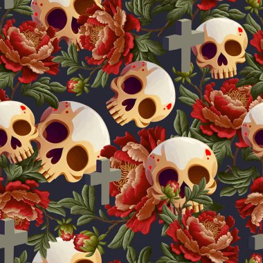 Kafatası ve gül desenli. Kusursuz gotik çizim. Spor kıyafetleri, tişörtler, baskılar, tekstil baskıları için mükemmel bir moda.