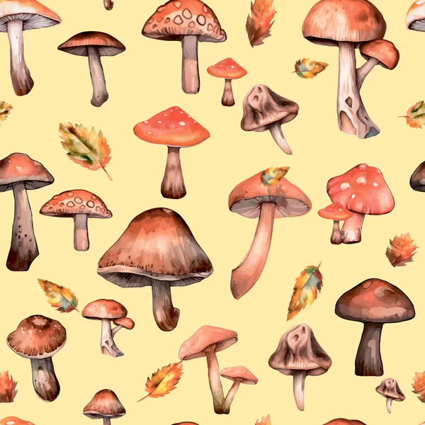 Padrão Cogumelos Padrão Sem Costura Outono Ilustração Realista Cogumelos Padrão — Vetor de Stock