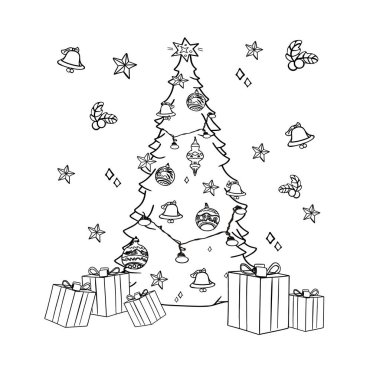 Noel elementlerinden, hayvanlardan ve diğer dekorasyonlardan yılbaşı boyama sayfaları. Yeni yıl renklendirmesi. Çocuk boyama kitabı, dövme tasarımı, baskı, paket, kart, tasarımcı, kıyafet, simge