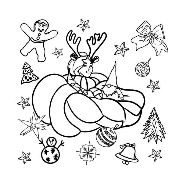 Рождественские Раскраски Рождественских Элементов Животных Других Украшений Новогодняя Раскраска Детской — стоковый вектор