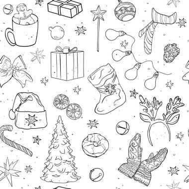 Geyik ve Noel ağacı deseni. Kusursuz Noel çizimi, tasarımcı için boş, logo