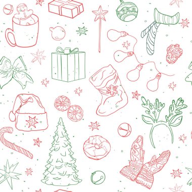 Geyik ve Noel ağacı deseni. Kusursuz Noel çizimi, tasarımcı için boş, logo