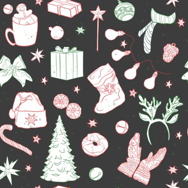 Geyik ve Noel ağacı deseni. Kusursuz Noel çizimi, tasarımcı için boş, logo