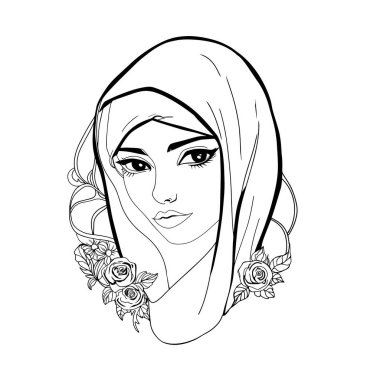 Vector illustration of a woman in hijab. Portrait of a Muslim woman with shit. Logo, blank for designers
