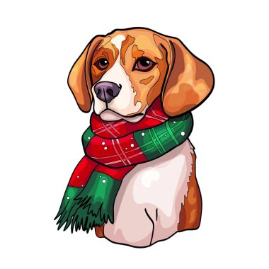 Vector dog shit in winter clothes. A dog in a hat. Print isolated on a white background.