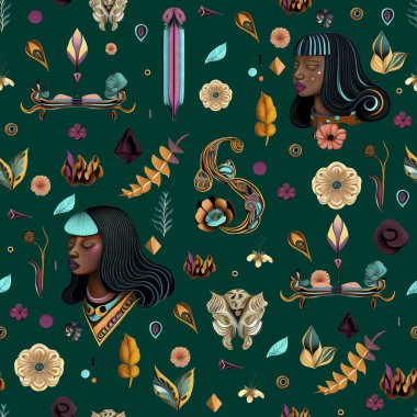 Vektör illüstrasyon modeli. Yerli tarzı. Soyut bitkiler, çiçek, yaprak ve tüy. Kızılderili ya da Afrikalı kadınların etnik yüzleri. Yazdırma, paket, tasarımcı, kıyafet, iç, simge