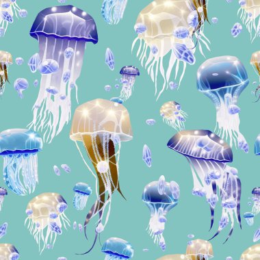 Suluboya denizanası ve baloncukların kusursuz deseni, deniz yaşamı. Parmak izi, tekstil, logo baskısı için mavi ve altın denizanalarıyla boyama