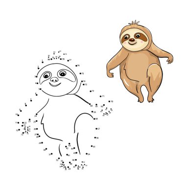 Noktadan noktaya doğru çiz. Renk numarasına göre. Egzotik hayvan tembelliği. Boyama kitabı. Baskılar, logolar, davetiyeler veya etiketler üzerine baskı yapmak için