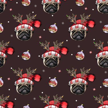 Noel Baba şapkalı vektör desenli Pug. Noel için kusursuz bir köpek çizimi. Parmak izi, logo ve davetiye bastırmak için.