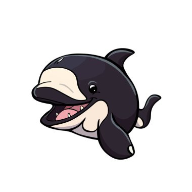 Beyaz arka planda sevimli bir katil balina tasviri. Gülen balina kartpostallar, baskılar, çocuk çizimleri