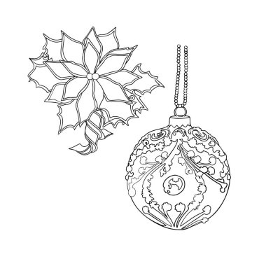 Noel ağacı oyuncakları tasviri. Noel için boktan topların birleşimi beyaz bir arka planda boyama için