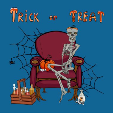 Vector Halloween cartoon illustration. Party banner with skeleton on the chair, pumpkin and witch potions. On a blue background. For printing packaging, cards, designers, clothes, interior, icon, logo