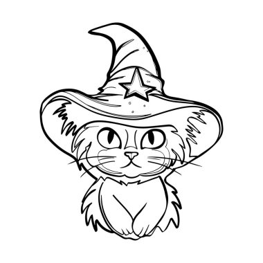 Cadı kedi. Kara kedi. Mutlu Cadılar Bayramı. Cadılar bayramı şapkası takmış sevimli siyah kedi yavrusu.