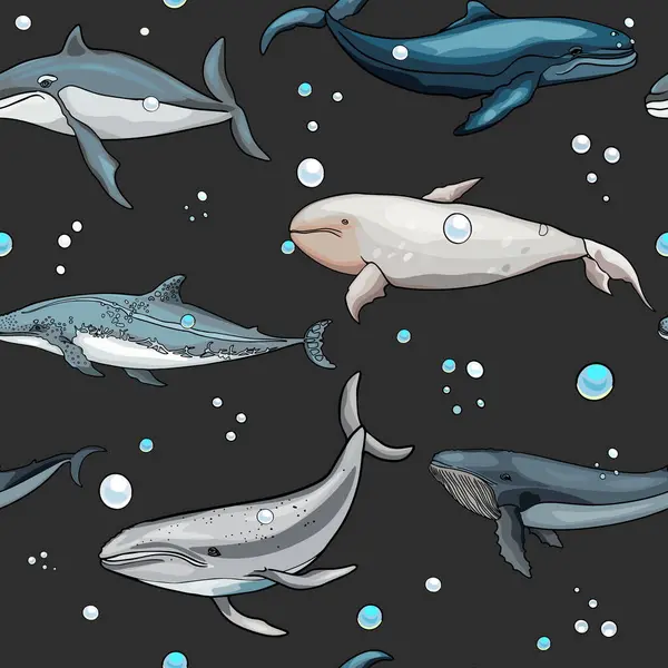 Çizimi Vektör Deniz Dünyası Deseni Balinalar Balinalar Yunuslar Baskı Için — Stok Vektör