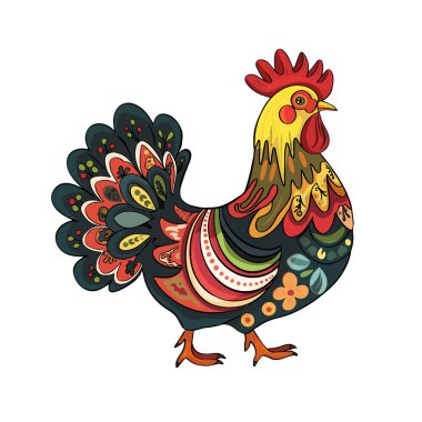 Horozun renkli mandalasının sanat çizimi, beyaz arka planda izole edilmiş tavuk. Renkli, resimli ya da dövmeli bir çiftlik kuşu. Bir horozun vektör çizimi.