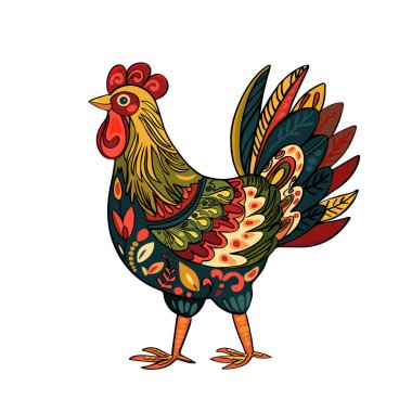Horozun renkli mandalasının sanat çizimi, beyaz arka planda izole edilmiş tavuk. Renkli, resimli ya da dövmeli bir çiftlik kuşu. Bir horozun vektör çizimi.