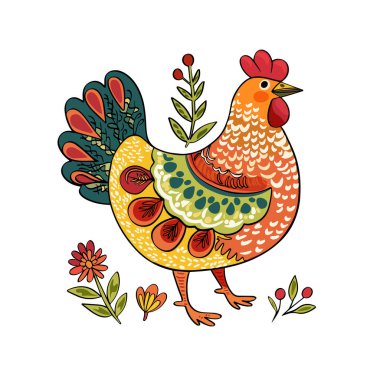 Horozun renkli mandalasının sanat çizimi, beyaz arka planda izole edilmiş tavuk. Renkli, resimli ya da dövmeli bir çiftlik kuşu. Bir horozun vektör çizimi.