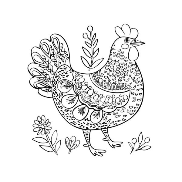 Horozun renkli mandalasının sanat çizimi, beyaz arka planda izole edilmiş tavuk. Renkli, resimli ya da dövmeli bir çiftlik kuşu. Bir horozun vektör çizimi.