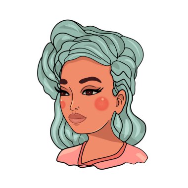 Renkli güzel bir kız illüstrasyonunun temsili. Genç bir kadının portresi. Modayı takip eden dalgalı saçlı mutlu kız. Düz grafik vektör çizimi beyaz arkaplanda izole edildi