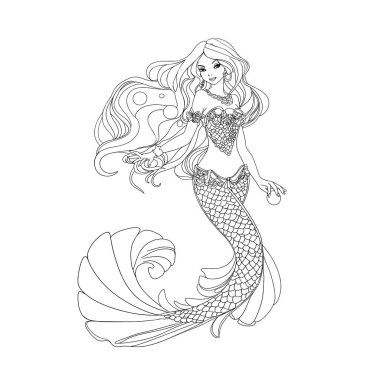 Denizkızı elle çizilmiş vektör. Beyaz arka planda izole edilmiş şirin bir denizkızı. Davetiye için bir öge, baskı için bir mühür, tasarımcılar için bir boşluk