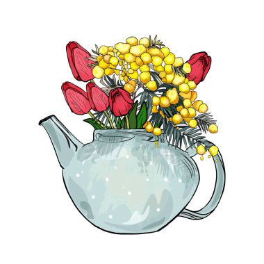 Laleli izole vazo, beyaz arka planda sarı Mimosa. Klip sanatı,