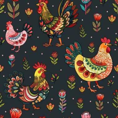 Beyaz arka planda izole edilmiş, renkli bir horoz mandala resmi. Renklendirme için çiftlik kuşu, zentangle illüstrasyon ya da yüksek detaylar için dövme. Bir horozun vektör çizimi.