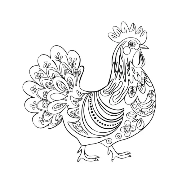 Beyaz arka planda izole edilmiş, renkli bir horoz mandala resmi. Renklendirme için çiftlik kuşu, zentangle illüstrasyon ya da yüksek detaylar için dövme. Bir horozun vektör çizimi.