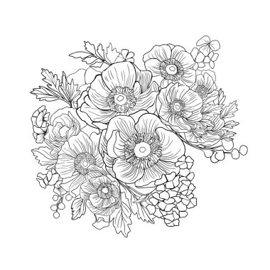 Anemon. Anemones vektörü. Resim, çiçek dövmesi. Boho tarzında çiçekler, beyaz bir arka planda çıkartma. Clip-art, tasarımcı için boş