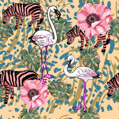 Tropik çiçekli, zebralı, flamingolu, kaplan benekli kusursuz desen. Çok renkli elementlerin deseni. Baskı için, kumaş üzerine baskı için