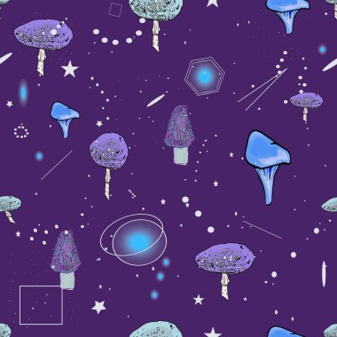 Renkli arka planda soyut desenleri olan fantastik mantarların kusursuz çizimi. Zehirli mantarlı fantastik desen ve baskı için tabela, spor giyim.,