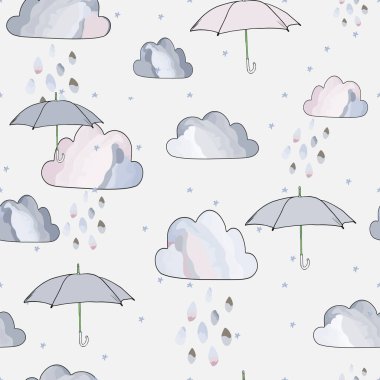 Bulutların ve şemsiyelerin yağmurlu kusursuz bir tasviri. Baskı için çocuk baskısı, spor giyimi, tasarımcılar için boş