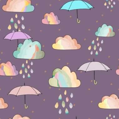 Bulutların ve şemsiyelerin yağmurlu kusursuz bir tasviri. Baskı için çocuk baskısı, spor giyimi, tasarımcılar için boş