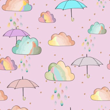 Bulutların ve şemsiyelerin yağmurlu kusursuz bir tasviri. Baskı için çocuk baskısı, spor giyimi, tasarımcılar için boş
