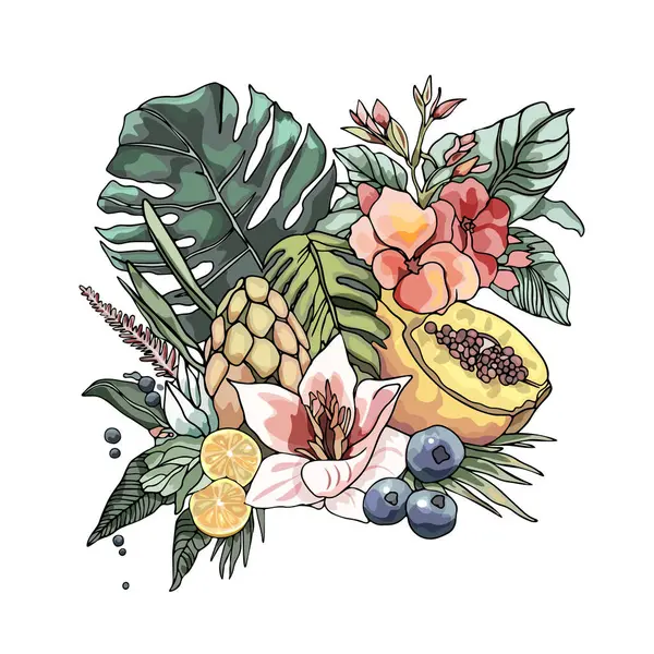Fruit illustration. Tropical flowers and fruits. Lemon flowers and papaya isolated composition