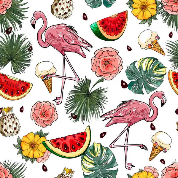 Tropik egzotik kuş ve meyve deseni. Cennet çiçekleri. Merhaba yaz. Tekstil, kumaş, spor giysi, tasarımcılar için kuru sıkı baskı