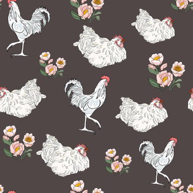 Horoz ve tavuk gerçekçi kusursuz illüstrasyon ve narin bir buket çiçek. Ambalaj kağıdı için kümes hayvanları çiftliği deseni baskısı. tekstil, tasarımcılar için hazırlık