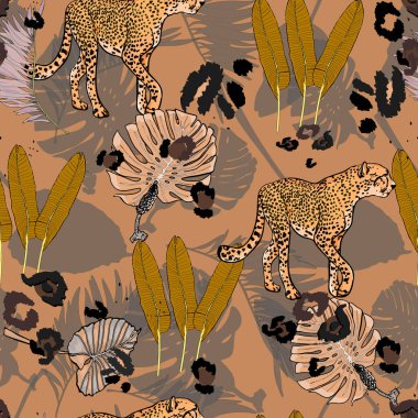 Tropikal yapraklar ve kusursuz çita çizimleri. Leopar ve orman. Modaya uygun kaplan deseni. Paket kağıdı için yazdır. tekstil, tasarımcılar için hazırlık