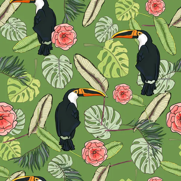 Tropik yapraklar ve dikişsiz çizimler. Egzotik kuşlar ve orman. Modaya uygun bir model. Paket kağıdı için yazdır. tekstil, tasarımcılar için hazırlık