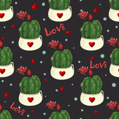 Love for succulents fashion seamless illustration. Fashionable stylish pattern cactus, heart. Print for wrapping paper. textiles, preparation for designerstse. Print for wrapping paper. textiles, preparation for designers clipart