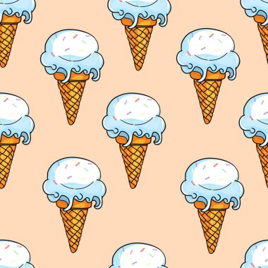 Dondurma şablonu. Şekerleme ve kafe için desen. Kağıt, tekstil ve kartpostalları basmak için renkli bir arkaplanda kusursuz bir yaz