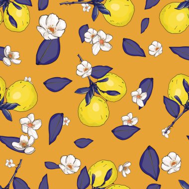 Limon deseni, renkli arka planda limon çiçekleri. Limonlu şube. Güzel, kusursuz yaz tatili Kusursuz desen