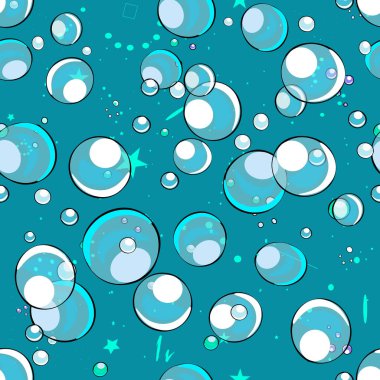 Anime tarzında deniz kabarcıkları. Parlak bebek mavisi desen. Şirin kabarcıkları olan kusursuz vektör deseni