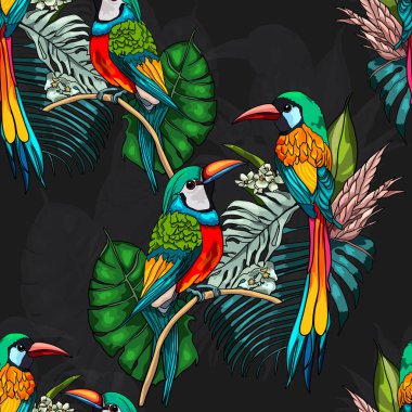 Cennet kuşları, egzotik meyveler ve tropikal yapraklar. Tasarımcılar için yaz şablonu, cennet kuşlarının kusursuz çizimi