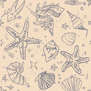 Deniz kabukları, denizyıldızı, kusursuz bir tasvir. Modaya uygun yaz modası. Paket kağıdı için yazdır. tekstil, tasarımcılar için hazırlık