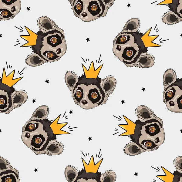 Pattern of a cheerful lemur in a crown. Lemur portrait. Small seamless pattern as blanks for designers, logos, labels, postcards. Summer template for designers,