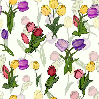 Renkli lalelerin kusursuz deseni. Çizilmiş, son derece gerçekçi, vektör, kumaş, baskı, dekorasyon, davetiye kartları için bahar çiçekleri.